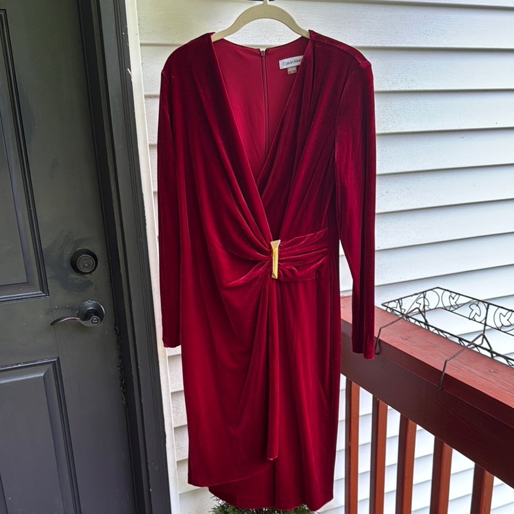 Elegant Red Velvet Wrap Dress with Gold Accent